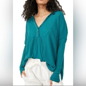 Free People Leo Henley thermal top in an evergreen or teal waffle knit